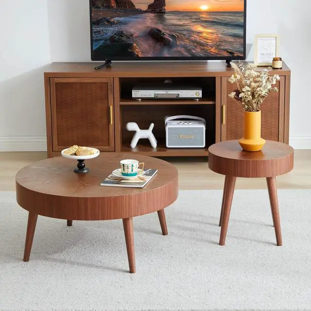 Alt view image 4 of 7 - AVZEAR Nesting Round Coffee Table Set of 2, Mid Century Modern Coffee Table, Natural Wood Nesting Tables Walnut Side Table and Farmhouse End Table Set for Living Room Bedroom, Cafe, Office(Walnut)