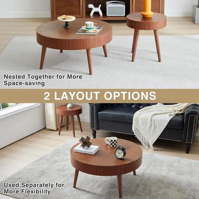 Alt view image 5 of 7 - AVZEAR Nesting Round Coffee Table Set of 2, Mid Century Modern Coffee Table, Natural Wood Nesting Tables Walnut Side Table and Farmhouse End Table Set for Living Room Bedroom, Cafe, Office(Walnut)
