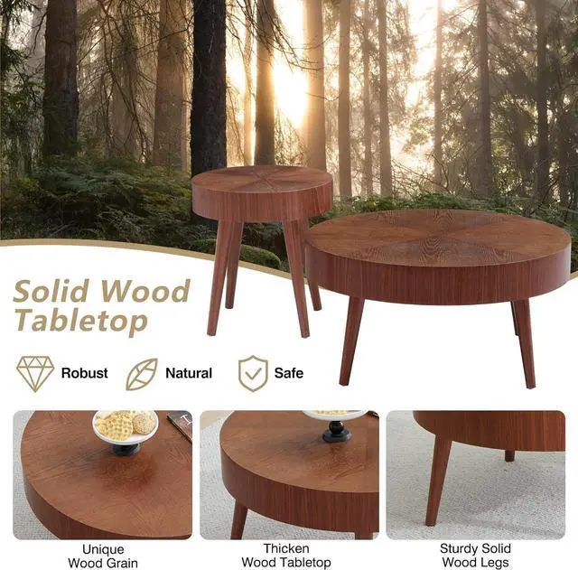 Alt view image 6 of 7 - AVZEAR Nesting Round Coffee Table Set of 2, Mid Century Modern Coffee Table, Natural Wood Nesting Tables Walnut Side Table and Farmhouse End Table Set for Living Room Bedroom, Cafe, Office(Walnut)