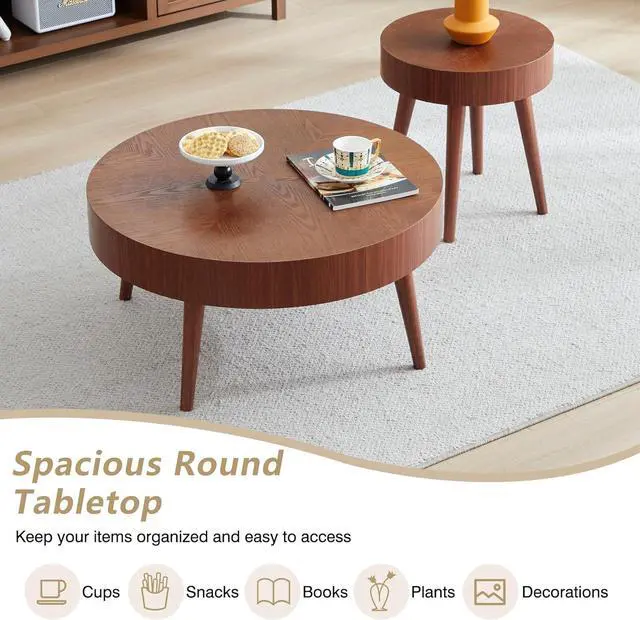 Alt view image 7 of 7 - AVZEAR Nesting Round Coffee Table Set of 2, Mid Century Modern Coffee Table, Natural Wood Nesting Tables Walnut Side Table and Farmhouse End Table Set for Living Room Bedroom, Cafe, Office(Walnut)