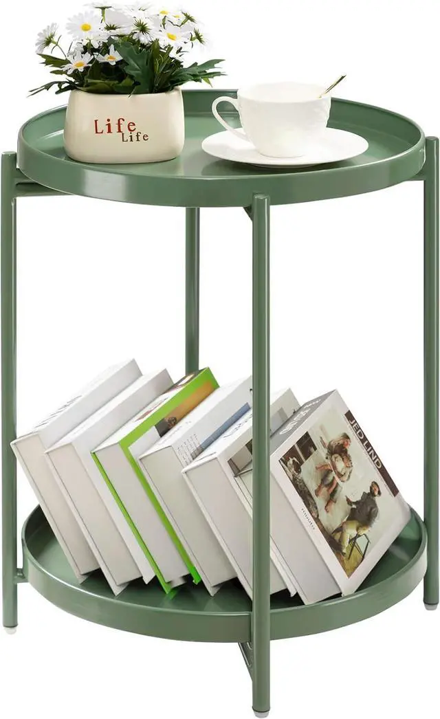 Main image of TeoKJ 2 Tier Green Side Table, Folding Round Metal End Table Small Nightstand with Two Removable Tray for Bedroom Living Room Bedside Small Spaces Dark Green