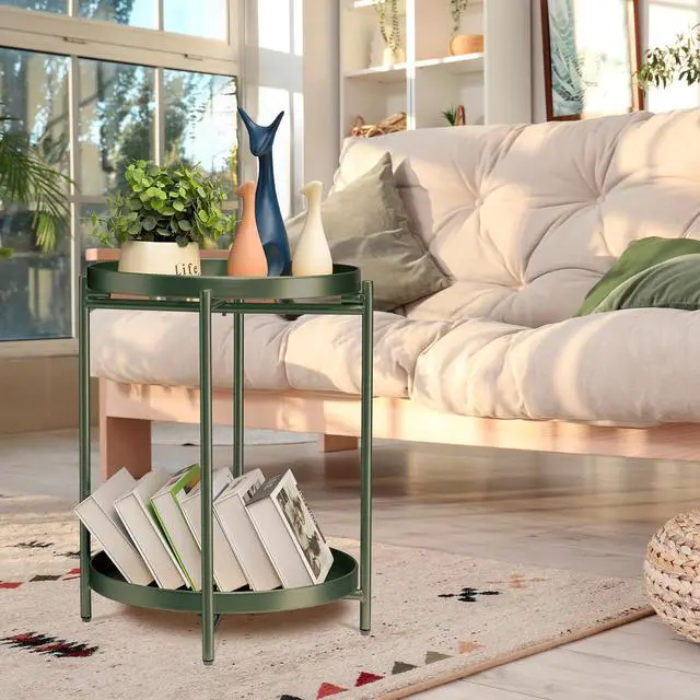 Alt view image 2 of 7 - TeoKJ 2 Tier Green Side Table, Folding Round Metal End Table Small Nightstand with Two Removable Tray for Bedroom Living Room Bedside Small Spaces Dark Green