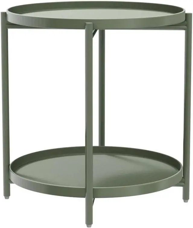 Alt view image 4 of 7 - TeoKJ 2 Tier Green Side Table, Folding Round Metal End Table Small Nightstand with Two Removable Tray for Bedroom Living Room Bedside Small Spaces Dark Green