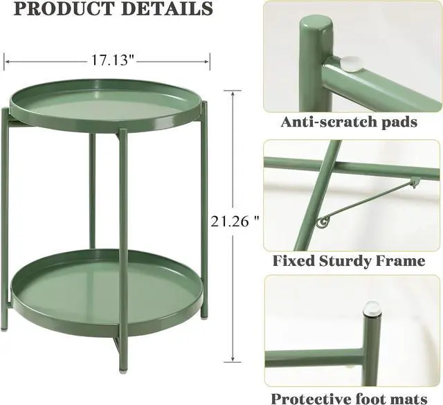 Alt view image 3 of 7 - TeoKJ 2 Tier Green Side Table, Folding Round Metal End Table Small Nightstand with Two Removable Tray for Bedroom Living Room Bedside Small Spaces Dark Green