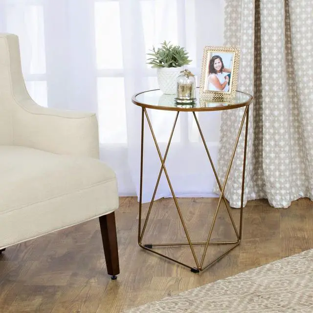 Alt view image 2 of 7 - HomePop Metal Accent Table Triangle Base Round Mirror Top, Gold
