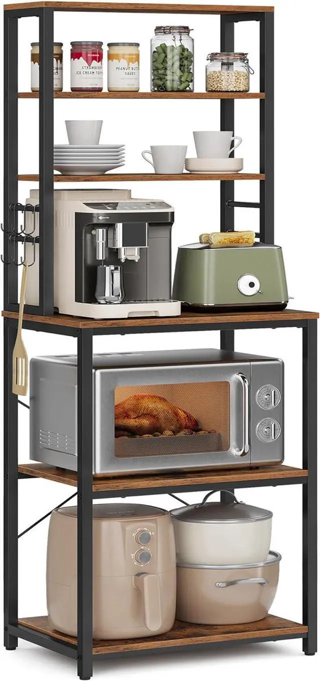 Main image of VASAGLE Coffee Bar, Bakers Rack for Kitchen with Storage, 6-Tier Kitchen Shelves with 6 Hooks, Microwave Stand, Industrial, 15.7 x 23.6 x 65.7 Inches, Rustic Brown and Black UKKS024B01