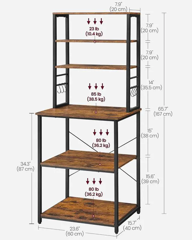 Alt view image 3 of 7 - VASAGLE Coffee Bar, Bakers Rack for Kitchen with Storage, 6-Tier Kitchen Shelves with 6 Hooks, Microwave Stand, Industrial, 15.7 x 23.6 x 65.7 Inches, Rustic Brown and Black UKKS024B01
