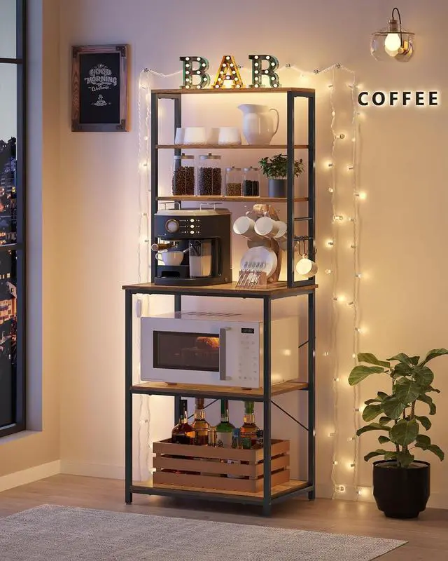 Alt view image 4 of 7 - VASAGLE Coffee Bar, Bakers Rack for Kitchen with Storage, 6-Tier Kitchen Shelves with 6 Hooks, Microwave Stand, Industrial, 15.7 x 23.6 x 65.7 Inches, Rustic Brown and Black UKKS024B01
