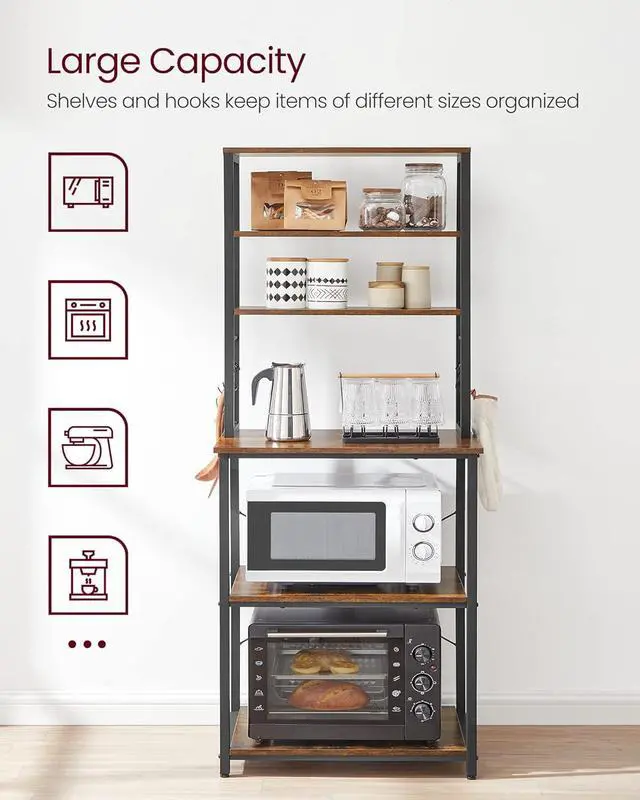 Alt view image 5 of 7 - VASAGLE Coffee Bar, Bakers Rack for Kitchen with Storage, 6-Tier Kitchen Shelves with 6 Hooks, Microwave Stand, Industrial, 15.7 x 23.6 x 65.7 Inches, Rustic Brown and Black UKKS024B01