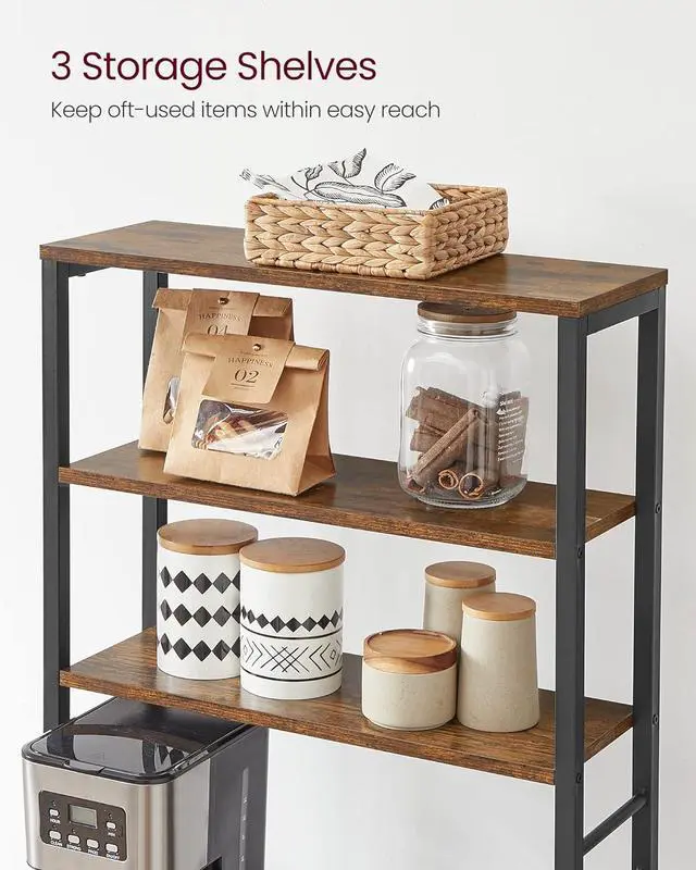 Alt view image 6 of 7 - VASAGLE Coffee Bar, Bakers Rack for Kitchen with Storage, 6-Tier Kitchen Shelves with 6 Hooks, Microwave Stand, Industrial, 15.7 x 23.6 x 65.7 Inches, Rustic Brown and Black UKKS024B01