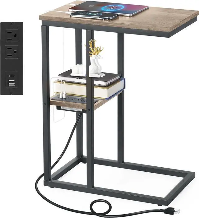 Main image of Vagusicc C Shaped End Table with Charging Station, Small Side Table for Couch, Snack Side Table with USB Ports and Outlets for Small Spaces, Slide Under Sofa Table TV Tray Arm C Table for Living Room