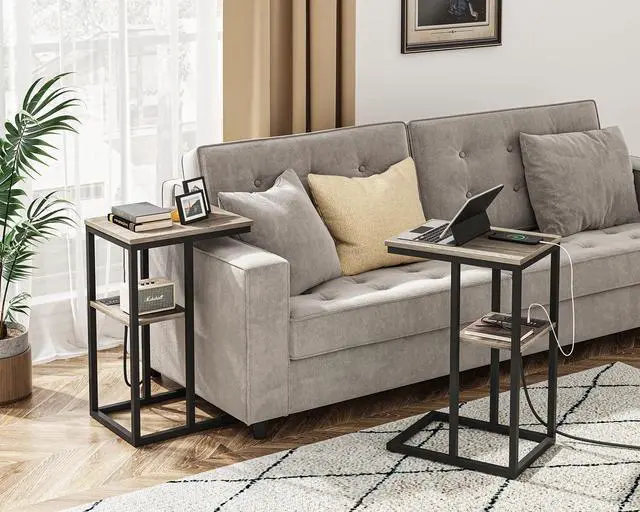 Alt view image 2 of 7 - Vagusicc C Shaped End Table with Charging Station, Small Side Table for Couch, Snack Side Table with USB Ports and Outlets for Small Spaces, Slide Under Sofa Table TV Tray Arm C Table for Living Room