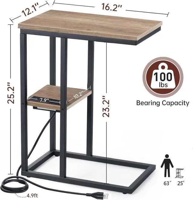 Alt view image 3 of 7 - Vagusicc C Shaped End Table with Charging Station, Small Side Table for Couch, Snack Side Table with USB Ports and Outlets for Small Spaces, Slide Under Sofa Table TV Tray Arm C Table for Living Room