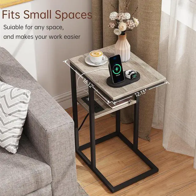 Alt view image 4 of 7 - Vagusicc C Shaped End Table with Charging Station, Small Side Table for Couch, Snack Side Table with USB Ports and Outlets for Small Spaces, Slide Under Sofa Table TV Tray Arm C Table for Living Room