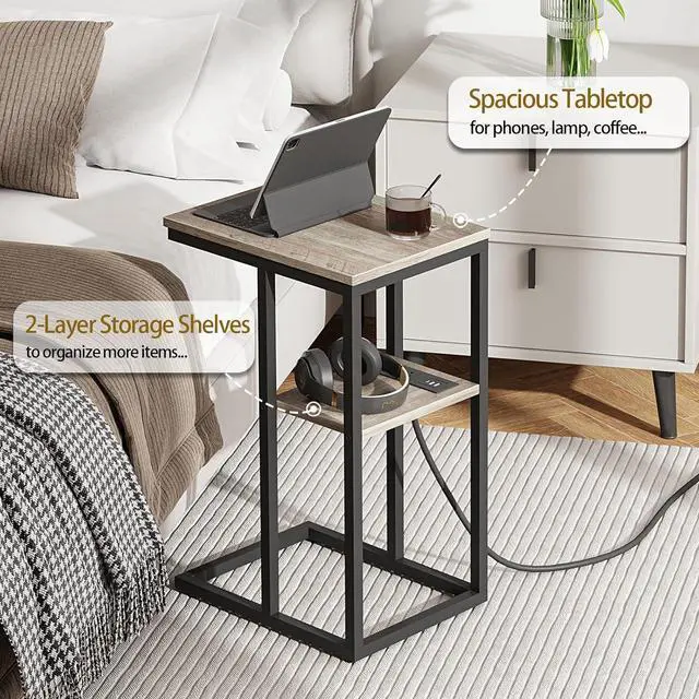 Alt view image 5 of 7 - Vagusicc C Shaped End Table with Charging Station, Small Side Table for Couch, Snack Side Table with USB Ports and Outlets for Small Spaces, Slide Under Sofa Table TV Tray Arm C Table for Living Room
