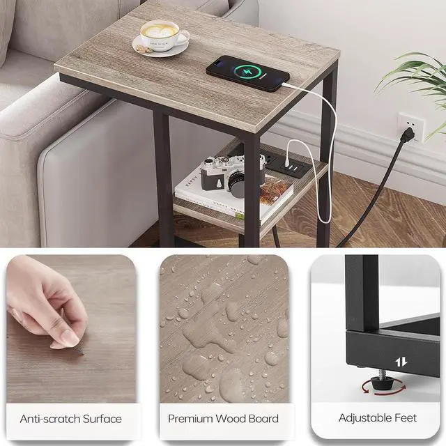 Alt view image 6 of 7 - Vagusicc C Shaped End Table with Charging Station, Small Side Table for Couch, Snack Side Table with USB Ports and Outlets for Small Spaces, Slide Under Sofa Table TV Tray Arm C Table for Living Room