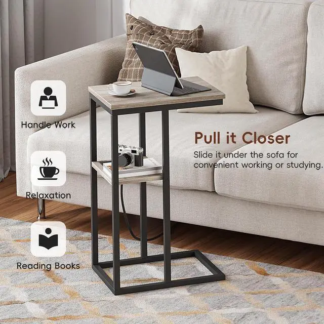 Alt view image 7 of 7 - Vagusicc C Shaped End Table with Charging Station, Small Side Table for Couch, Snack Side Table with USB Ports and Outlets for Small Spaces, Slide Under Sofa Table TV Tray Arm C Table for Living Room