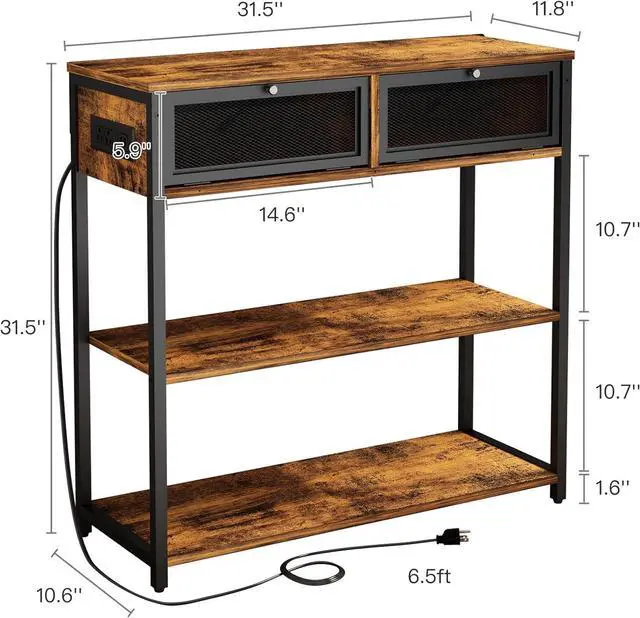 Alt view image 3 of 7 - SOOWERY Console Table with Charging Station, 32'' Entryway Table with Doors, Sofa Table Narrow Long with 3 Tiers Open Wood Storage Shelves, for Living Room, Entryway, Foyer, Rustic Brown