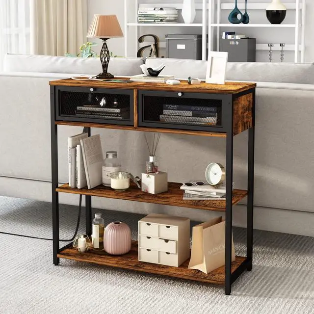 Alt view image 5 of 7 - SOOWERY Console Table with Charging Station, 32'' Entryway Table with Doors, Sofa Table Narrow Long with 3 Tiers Open Wood Storage Shelves, for Living Room, Entryway, Foyer, Rustic Brown