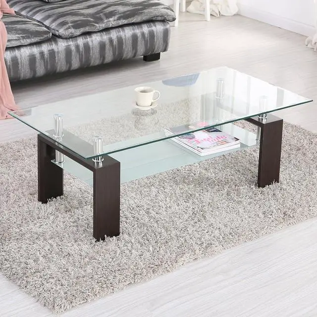 Alt view image 3 of 7 - Rectangle Glass Coffee Table-Walnut Modern Side Coffee Table with Lower Shelf, Metal Legs-Suit for Living Room