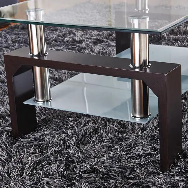 Alt view image 5 of 7 - Rectangle Glass Coffee Table-Walnut Modern Side Coffee Table with Lower Shelf, Metal Legs-Suit for Living Room