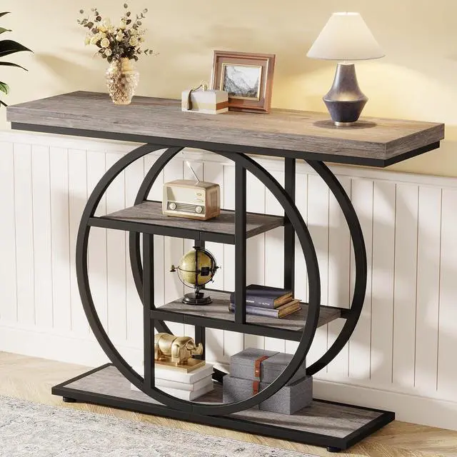 Alt view image 3 of 7 - Tribesigns 41.3" Console Table, Industrial 4-Tier Sofa Table Entryway Table with Circle Base, Narrow Wood Accent Tables with Storage Shelves for Living Room, Hallway, Foyer, Gray