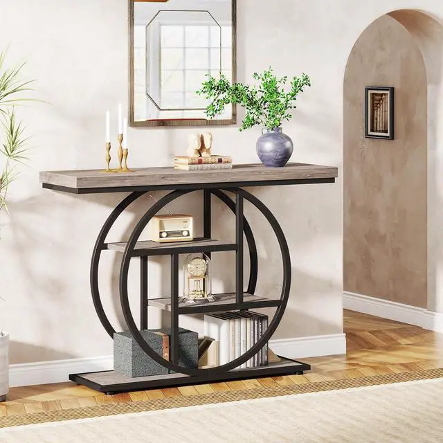 Alt view image 4 of 7 - Tribesigns 41.3" Console Table, Industrial 4-Tier Sofa Table Entryway Table with Circle Base, Narrow Wood Accent Tables with Storage Shelves for Living Room, Hallway, Foyer, Gray