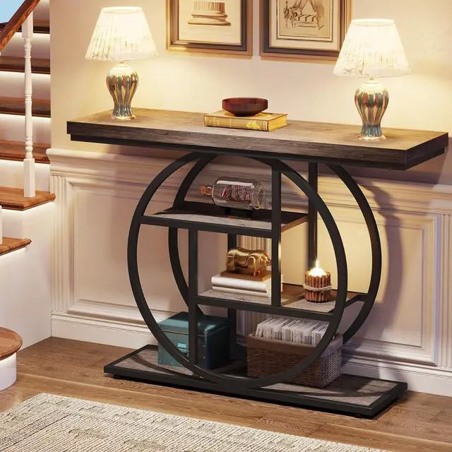 Alt view image 5 of 7 - Tribesigns 41.3" Console Table, Industrial 4-Tier Sofa Table Entryway Table with Circle Base, Narrow Wood Accent Tables with Storage Shelves for Living Room, Hallway, Foyer, Gray