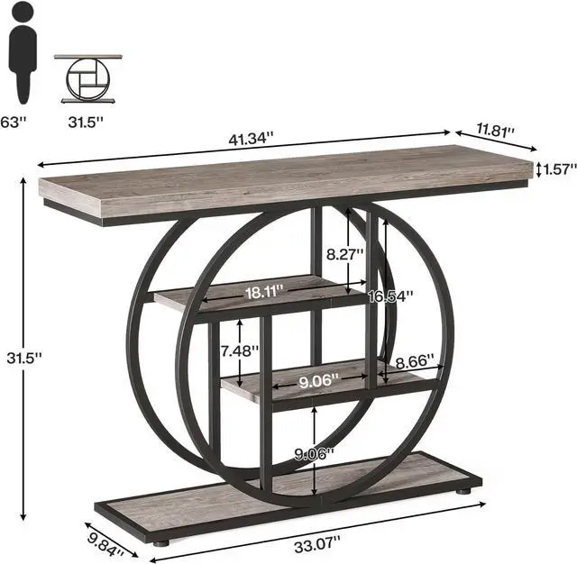 Alt view image 2 of 7 - Tribesigns 41.3" Console Table, Industrial 4-Tier Sofa Table Entryway Table with Circle Base, Narrow Wood Accent Tables with Storage Shelves for Living Room, Hallway, Foyer, Gray