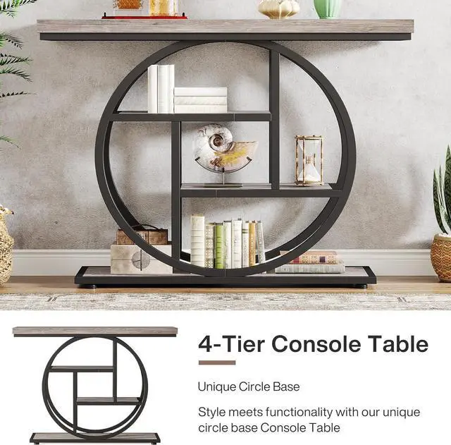 Alt view image 6 of 7 - Tribesigns 41.3" Console Table, Industrial 4-Tier Sofa Table Entryway Table with Circle Base, Narrow Wood Accent Tables with Storage Shelves for Living Room, Hallway, Foyer, Gray