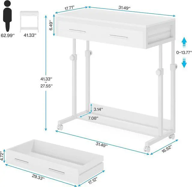 Alt view image 2 of 7 - Tribesigns Portable Desk with Drawers, Mobile Laptop Desk with Wheels, Couch Desk Sofa Side Table Bed Desk, Small Standing Desk for Home Office (White)