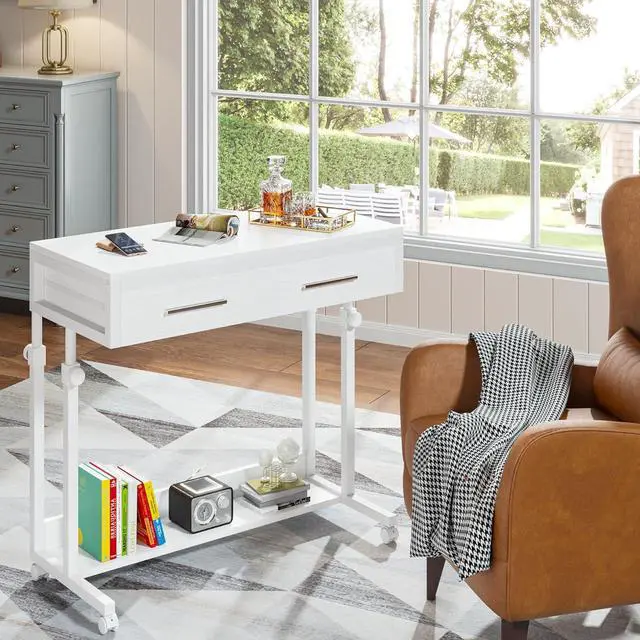 Alt view image 4 of 7 - Tribesigns Portable Desk with Drawers, Mobile Laptop Desk with Wheels, Couch Desk Sofa Side Table Bed Desk, Small Standing Desk for Home Office (White)