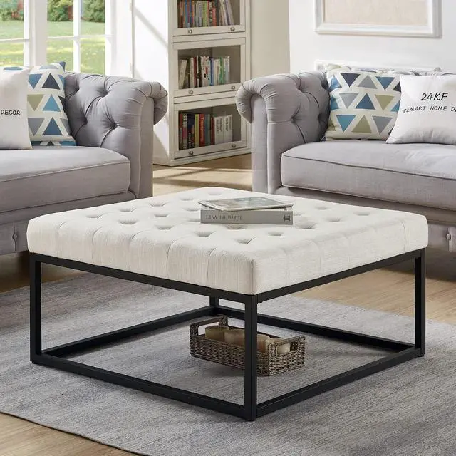 Main image of 24KF Middle Century Upholstered Tufted Coffee Table with Linen Padded Seat, Large Square Ottoman with Black Metal Frame Ivory