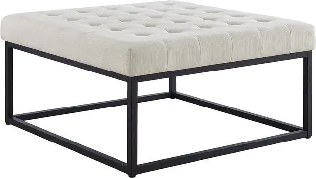 Alt view image 3 of 5 - 24KF Middle Century Upholstered Tufted Coffee Table with Linen Padded Seat, Large Square Ottoman with Black Metal Frame Ivory