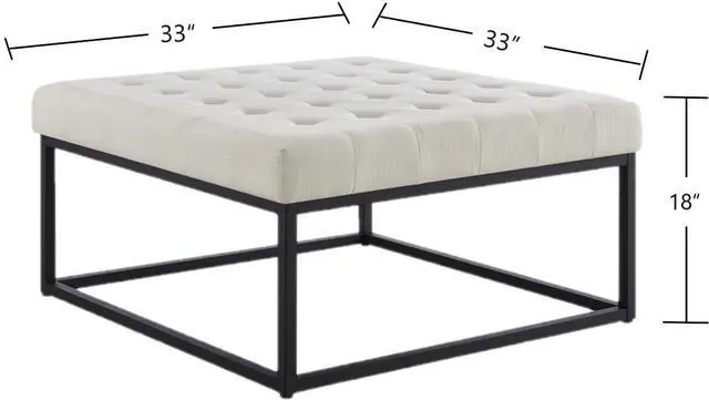 Alt view image 2 of 5 - 24KF Middle Century Upholstered Tufted Coffee Table with Linen Padded Seat, Large Square Ottoman with Black Metal Frame Ivory