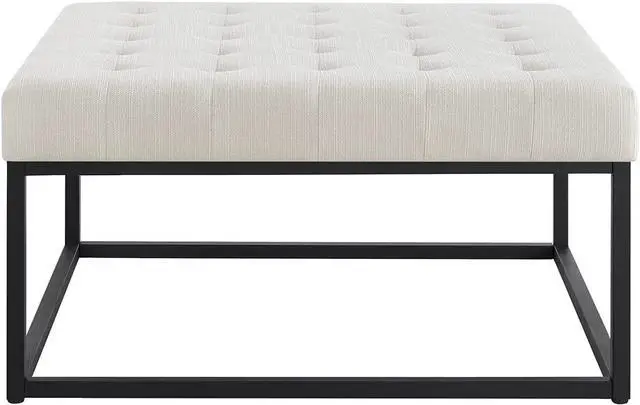 Alt view image 5 of 5 - 24KF Middle Century Upholstered Tufted Coffee Table with Linen Padded Seat, Large Square Ottoman with Black Metal Frame Ivory