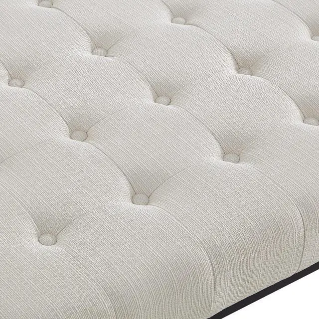 Alt view image 4 of 5 - 24KF Middle Century Upholstered Tufted Coffee Table with Linen Padded Seat, Large Square Ottoman with Black Metal Frame Ivory