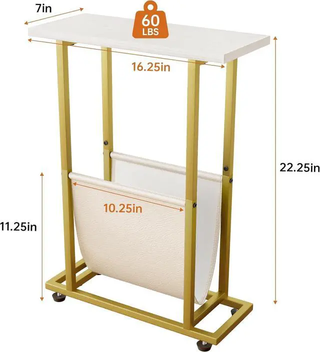 Alt view image 3 of 7 - Narrow Side Table with PU Leather Magazine Holder Modern Slim Little Thin Table for Living Room, Bedroom, Sofa, White