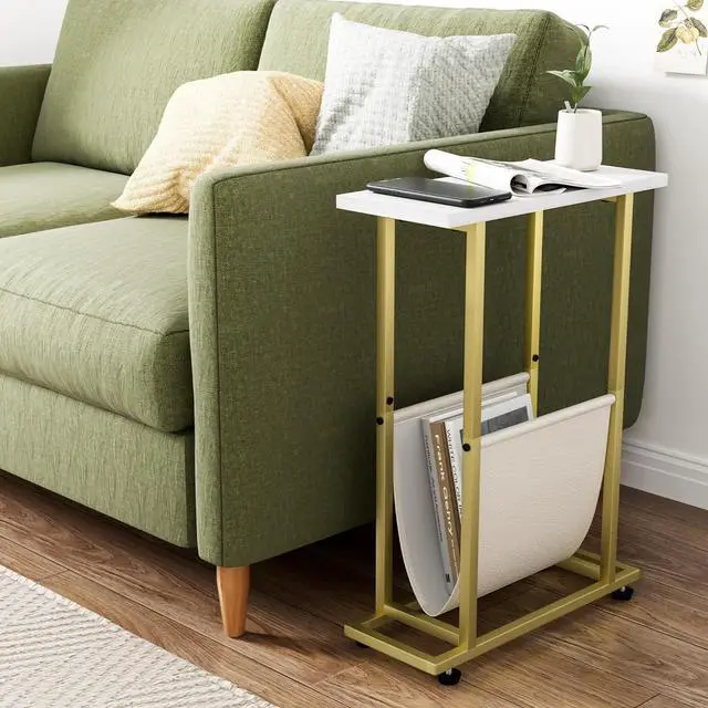 Alt view image 2 of 7 - Narrow Side Table with PU Leather Magazine Holder Modern Slim Little Thin Table for Living Room, Bedroom, Sofa, White