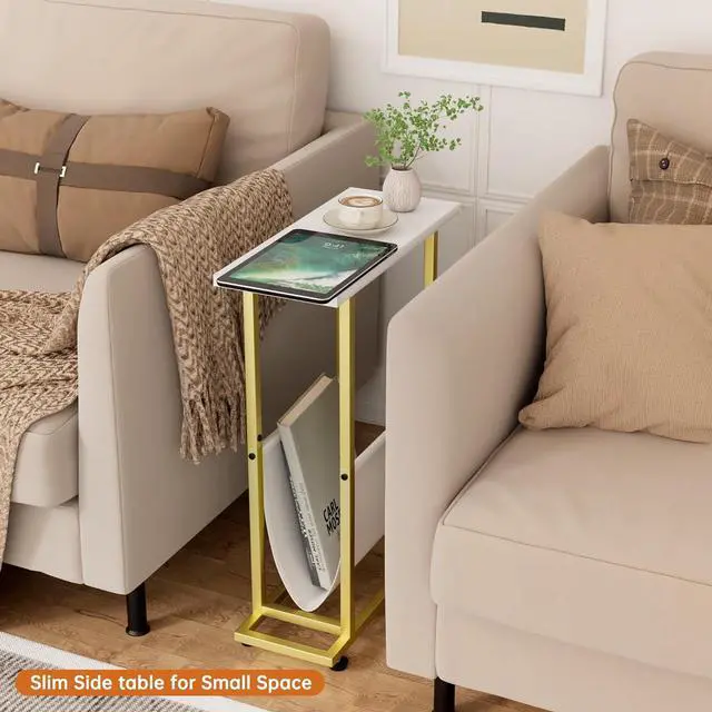 Alt view image 4 of 7 - Narrow Side Table with PU Leather Magazine Holder Modern Slim Little Thin Table for Living Room, Bedroom, Sofa, White
