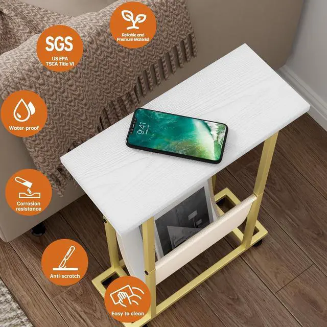 Alt view image 6 of 7 - Narrow Side Table with PU Leather Magazine Holder Modern Slim Little Thin Table for Living Room, Bedroom, Sofa, White