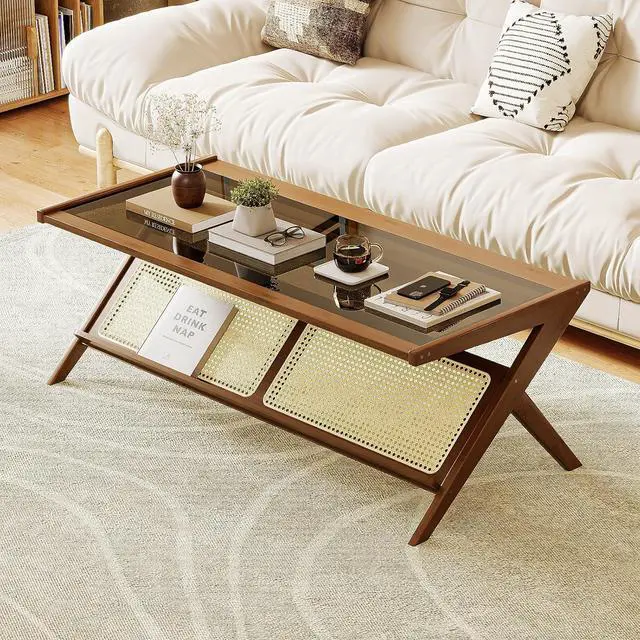 Main image of Bamworld Mid-Century Modern Coffee Table with Glass Top Rattan Center Table with Storage for Living Room Table Brown