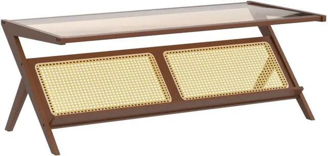Alt view image 5 of 7 - Bamworld Mid-Century Modern Coffee Table with Glass Top Rattan Center Table with Storage for Living Room Table Brown