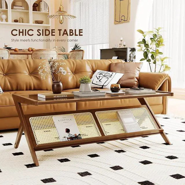 Alt view image 3 of 7 - Bamworld Mid-Century Modern Coffee Table with Glass Top Rattan Center Table with Storage for Living Room Table Brown