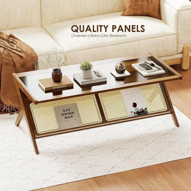 Alt view image 4 of 7 - Bamworld Mid-Century Modern Coffee Table with Glass Top Rattan Center Table with Storage for Living Room Table Brown