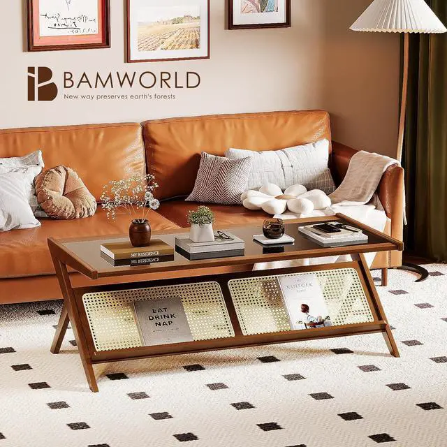 Alt view image 7 of 7 - Bamworld Mid-Century Modern Coffee Table with Glass Top Rattan Center Table with Storage for Living Room Table Brown