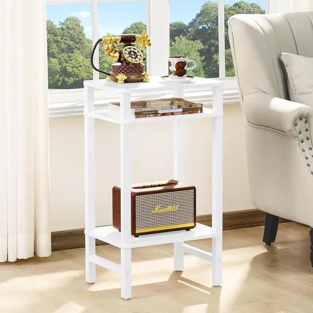 Alt view image 2 of 7 - 28in Tall Side Table 3-Tier Small Narrow End Table for Couch, Skinny Nightstand for Small Space, Farmhouse Slim Night Stand with Storage, Wooden Frame Thin Bedside Table, for Living Room, White