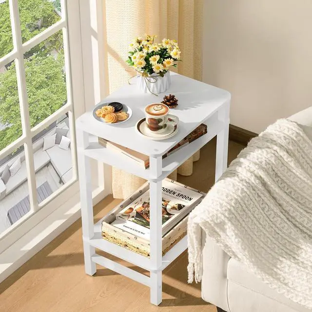 Alt view image 4 of 7 - 28in Tall Side Table 3-Tier Small Narrow End Table for Couch, Skinny Nightstand for Small Space, Farmhouse Slim Night Stand with Storage, Wooden Frame Thin Bedside Table, for Living Room, White