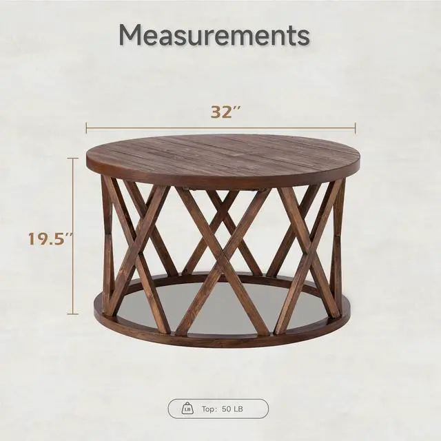 Alt view image 2 of 7 - Rustic Farmhouse Coffee Table, Round Coffee Table with X-Motifs Legs, Wood Textured Top, for Boho, French Country Decor, Brown