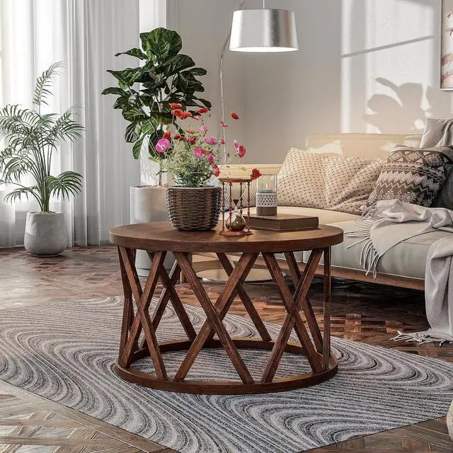 Main image of Rustic Farmhouse Coffee Table, Round Coffee Table with X-Motifs Legs, Wood Textured Top, for Boho, French Country Decor, Brown